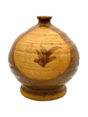 Vintage Hand Thrown Brown Glazed Round Bud Vase Signed R.N. 1991
